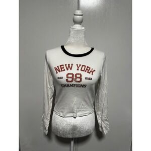 Forever 21 Womens New York 98 Champions Graphic Ringer Long Sleeve Tee White L